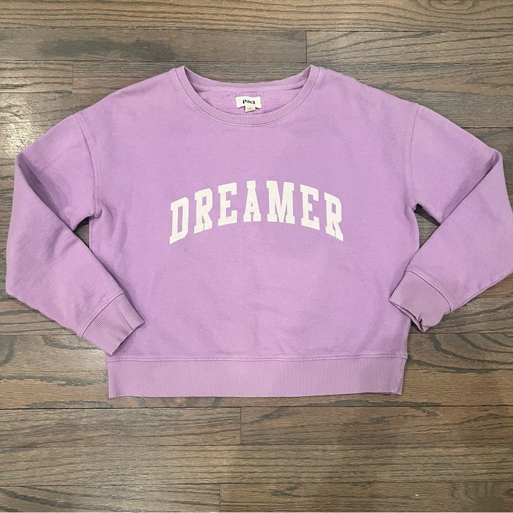 Pact Sweatshirt 100% Organic Cotton "Dreamer" Collegiate Crewneck Purple Small